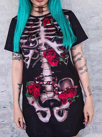 Airchics halloween t-shirt squelette rose motif col rond femme cosplay noir